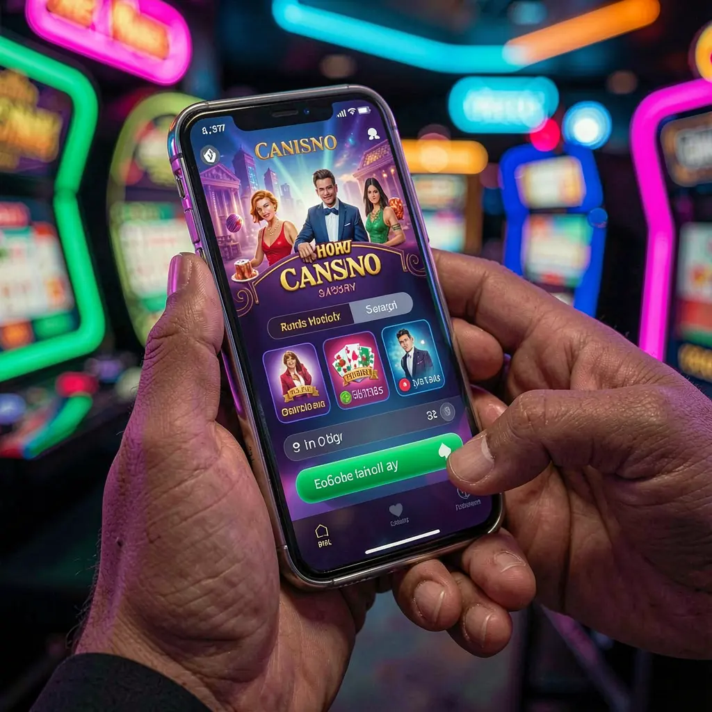 Modern smartphone displaying the PHZZZZ casino app interface with live slot games and vibrant colors in a cinematic mobile gaming scene