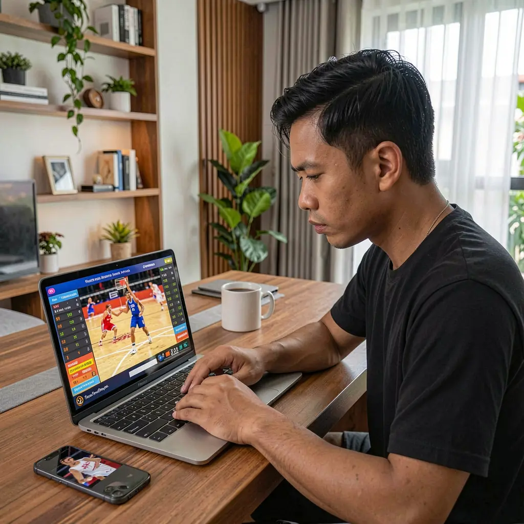 Focused Filipino bettor analyzing basketball odds and live match data on a laptop using the PHZZZZ betting platform in a modern home setting
