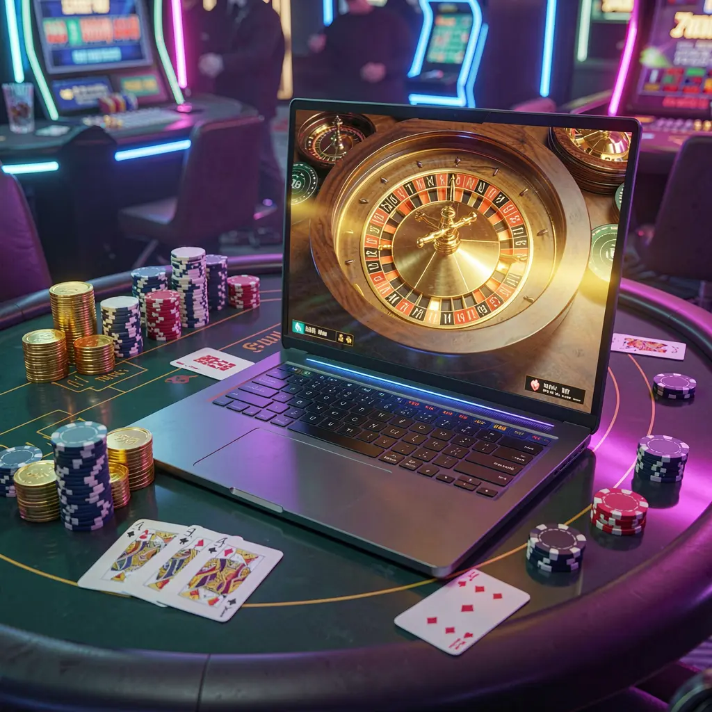 Modern laptop displaying a live roulette wheel with glowing casino chips on a futuristic gaming table showcasing the online casino experience at PHZZZZ Philippines