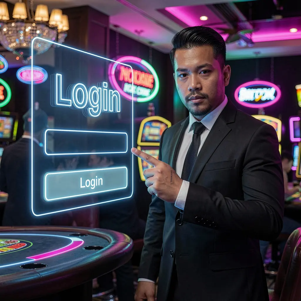 Confident live dealer from the Philippines standing next to a glowing login interface with neon casino lights representing secure access on PHZZZZ