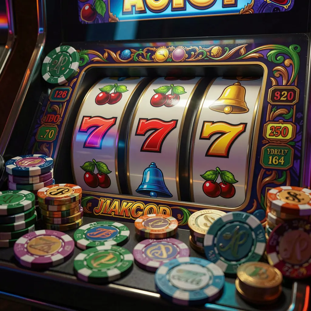 Close-up view of a classic slot machine with shining red sevens and casino chips highlighting the premium slot experience at PHZZZZ for players in the Philippines